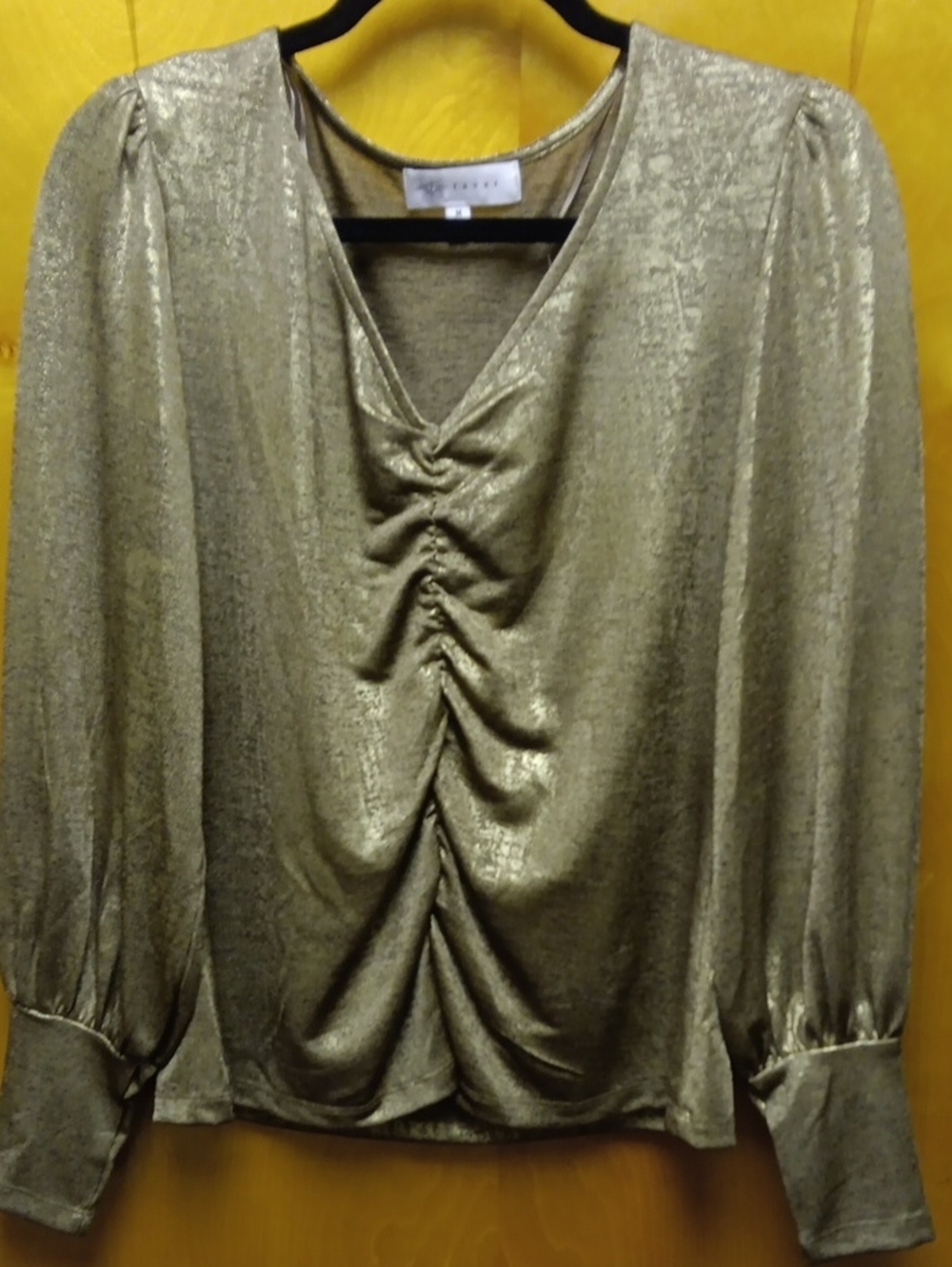 Ruched V-Neck Metallic Blouse — Gold